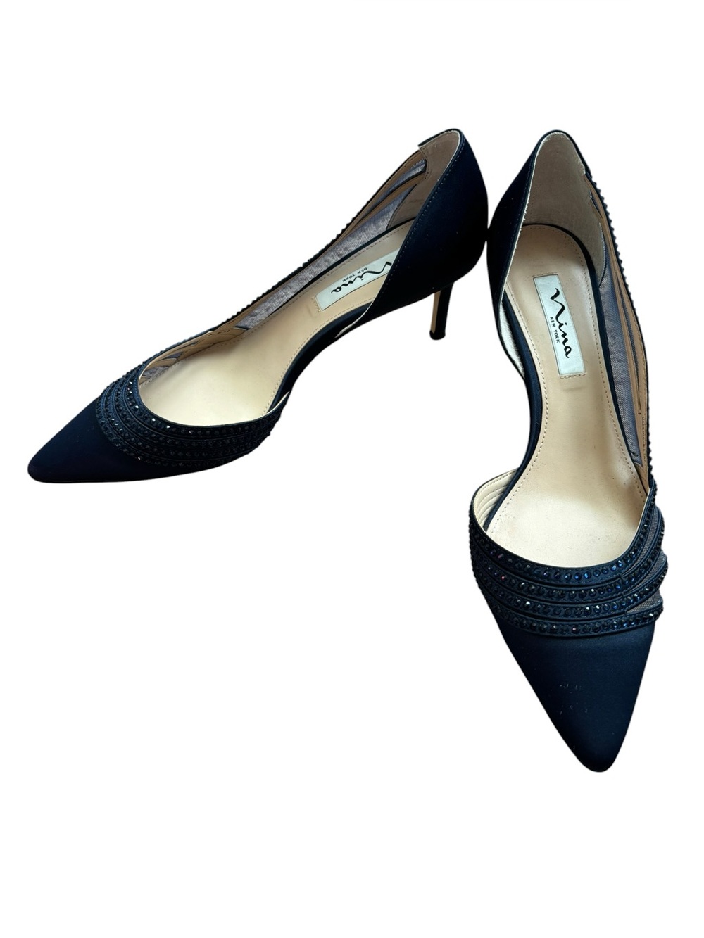 Nina Navy Noreen Pointed Toe Half D'Orsay Pumps in Satin w Sparkle, 9.5